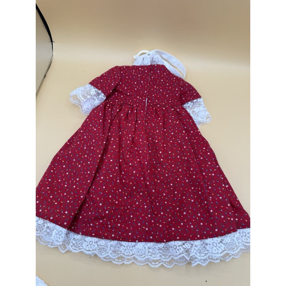 American Girl Red Floral Christmas Dress White Apron Lace Doll Outfit Pleasant - Picture 2 of 4